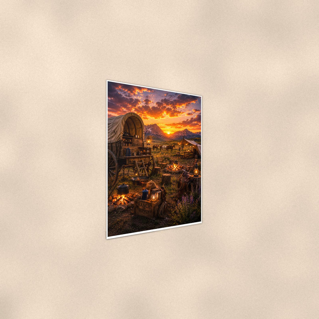 Western Covered Wagon Camp — 24x36 in art print poster, premium luster paper with a white border; steeper three-quarter angle on a warm wall, catching the luster sheen.