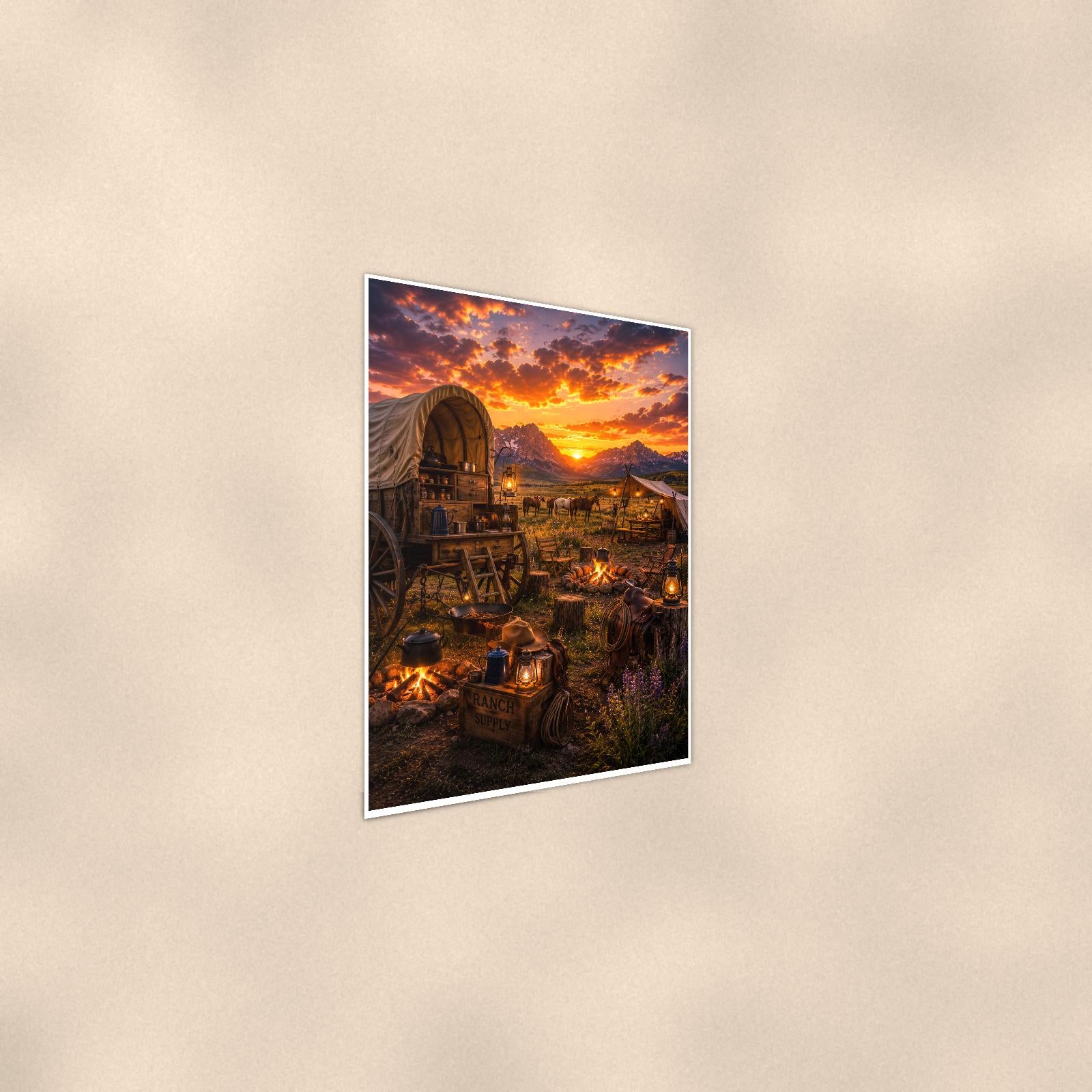 Western Covered Wagon Camp — 24x36 in art print poster, premium luster paper with a white border; steeper three-quarter angle on a warm wall, catching the luster sheen.
