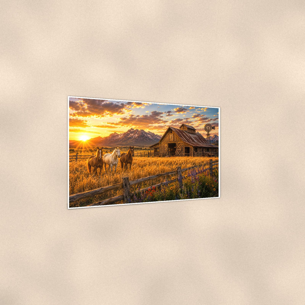 Mountain Ranch Sunset — 36x24 in art print poster, premium luster paper with a white border; gentle three-quarter angle on a warm wall, showing the flat paper edge.