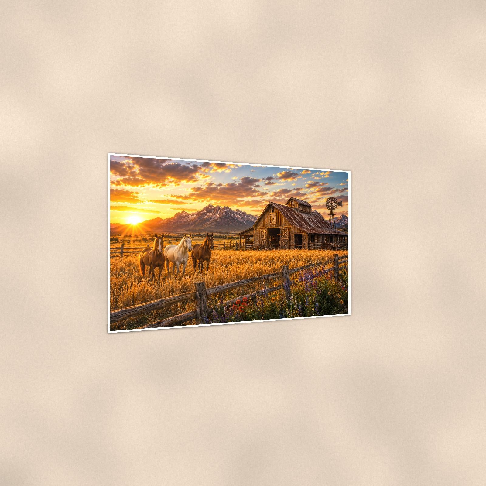 Mountain Ranch Sunset — 36x24 in art print poster, premium luster paper with a white border; gentle three-quarter angle on a warm wall, showing the flat paper edge.
