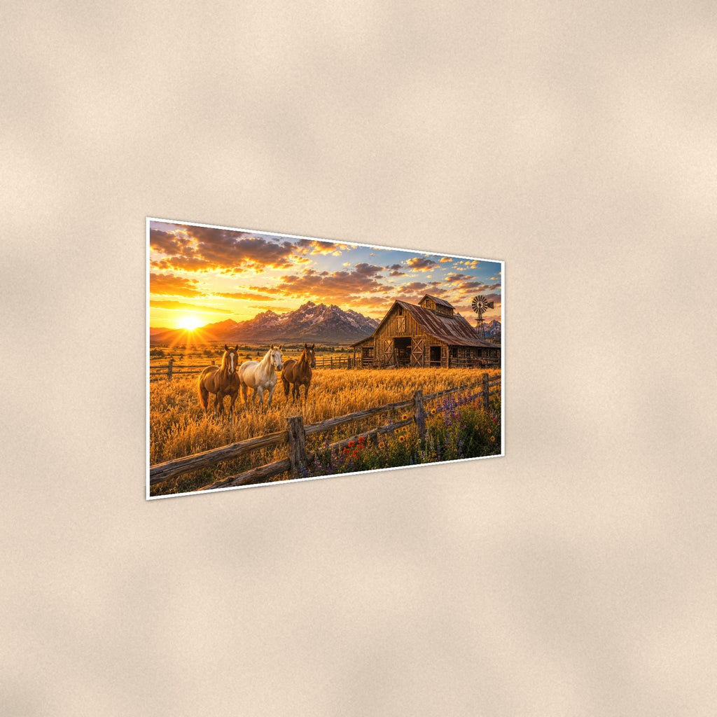 Mountain Ranch Sunset — 36x24 in art print poster, premium luster paper with a white border; steeper three-quarter angle on a warm wall, catching the luster sheen.