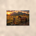 Ranch Horses Sunset — 36x24 in art print poster, premium luster paper with a white border; poster shown straight on against a warm wall.