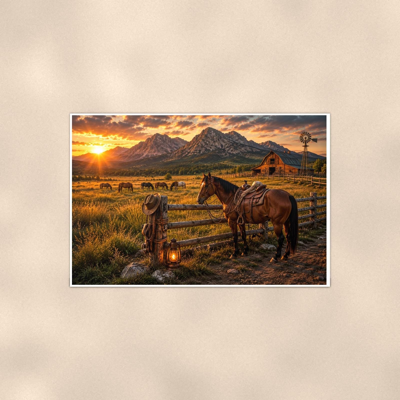 Ranch Horses Sunset — 36x24 in art print poster, premium luster paper with a white border; poster shown straight on against a warm wall.