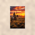 Western Rider Sunset — 24x36 in art print poster, premium luster paper with a white border; poster shown straight on against a warm wall.