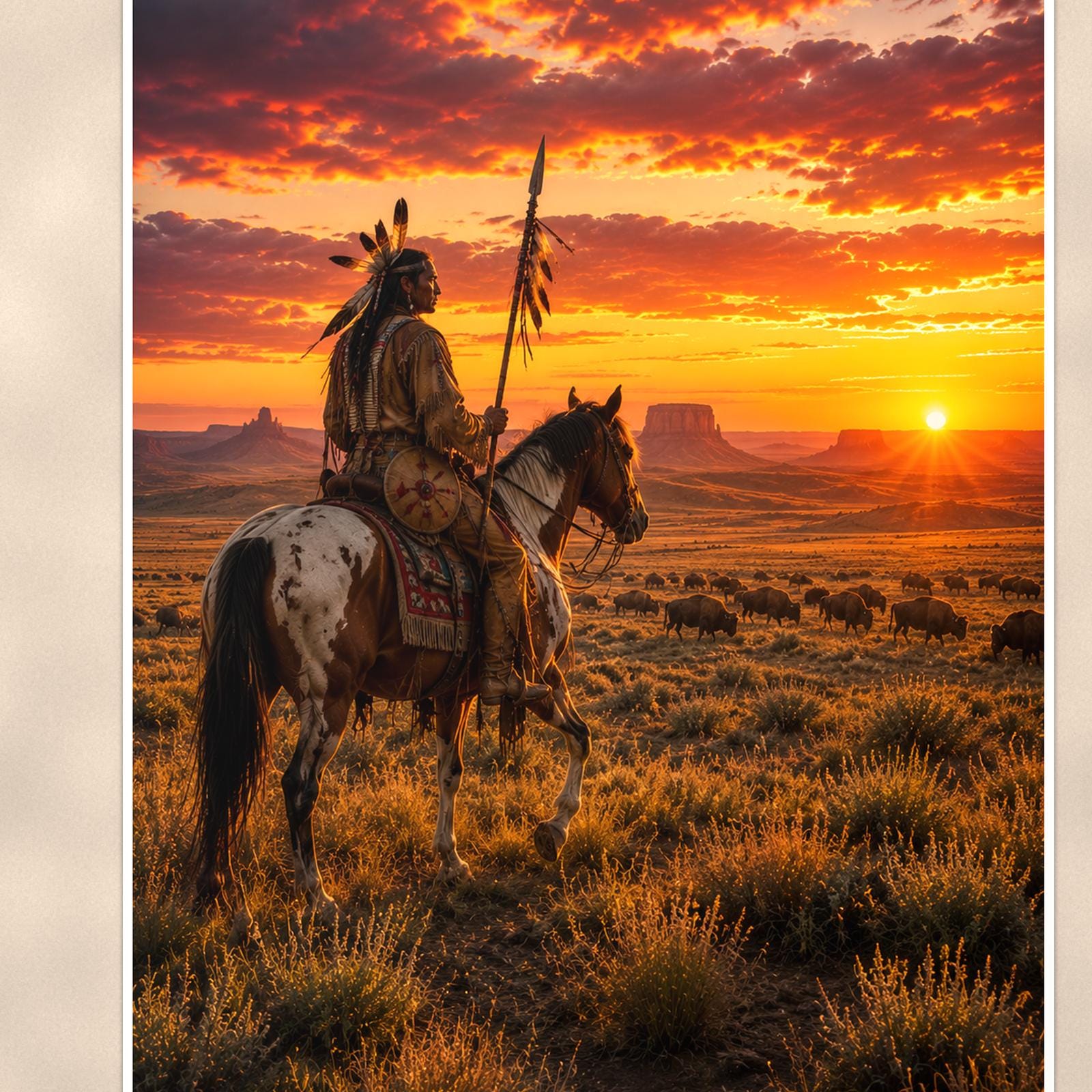 Western Rider Sunset — 24x36 in art print poster, premium luster paper with a white border; close-up framed on the main subject of the artwork, paper surface visible.