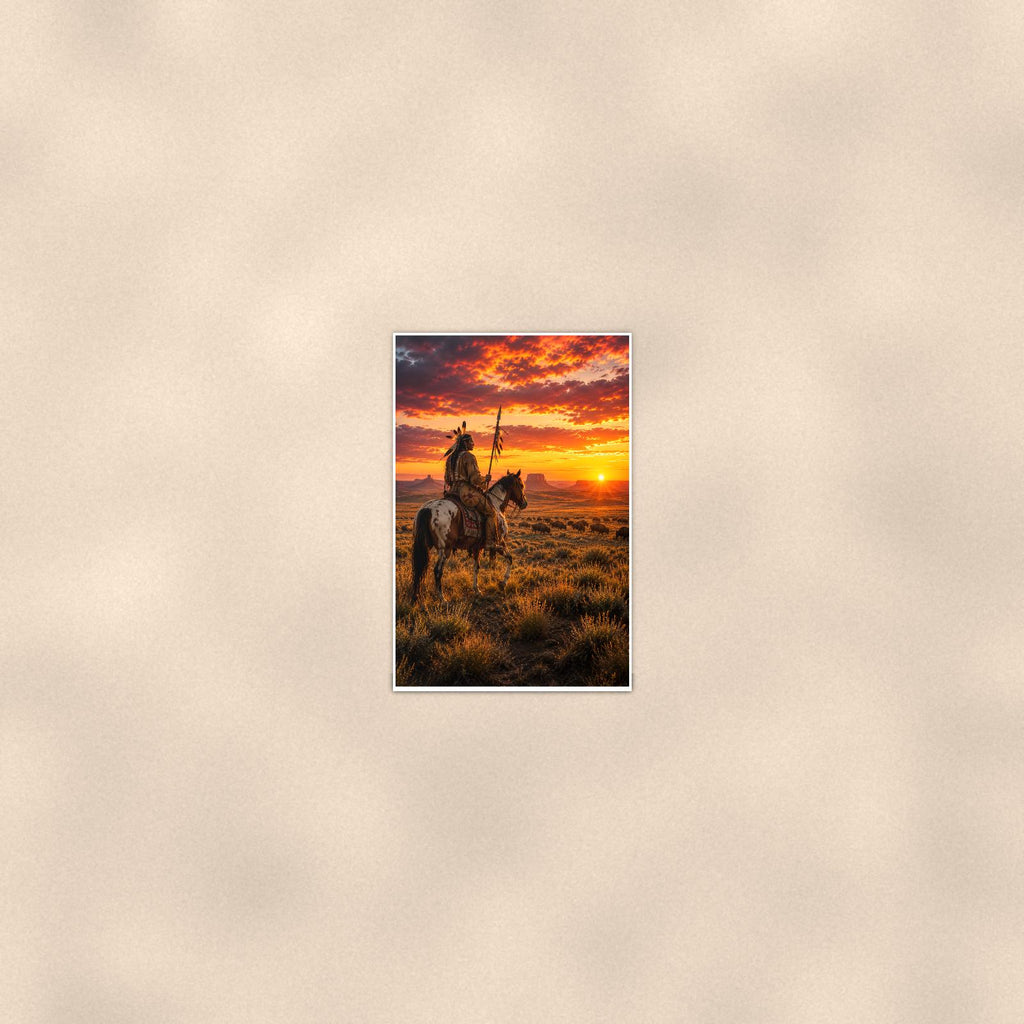 Western Rider Sunset — 24x36 in art print poster, premium luster paper with a white border; poster seen from further back, at true 24x36 in scale on a warm wall.