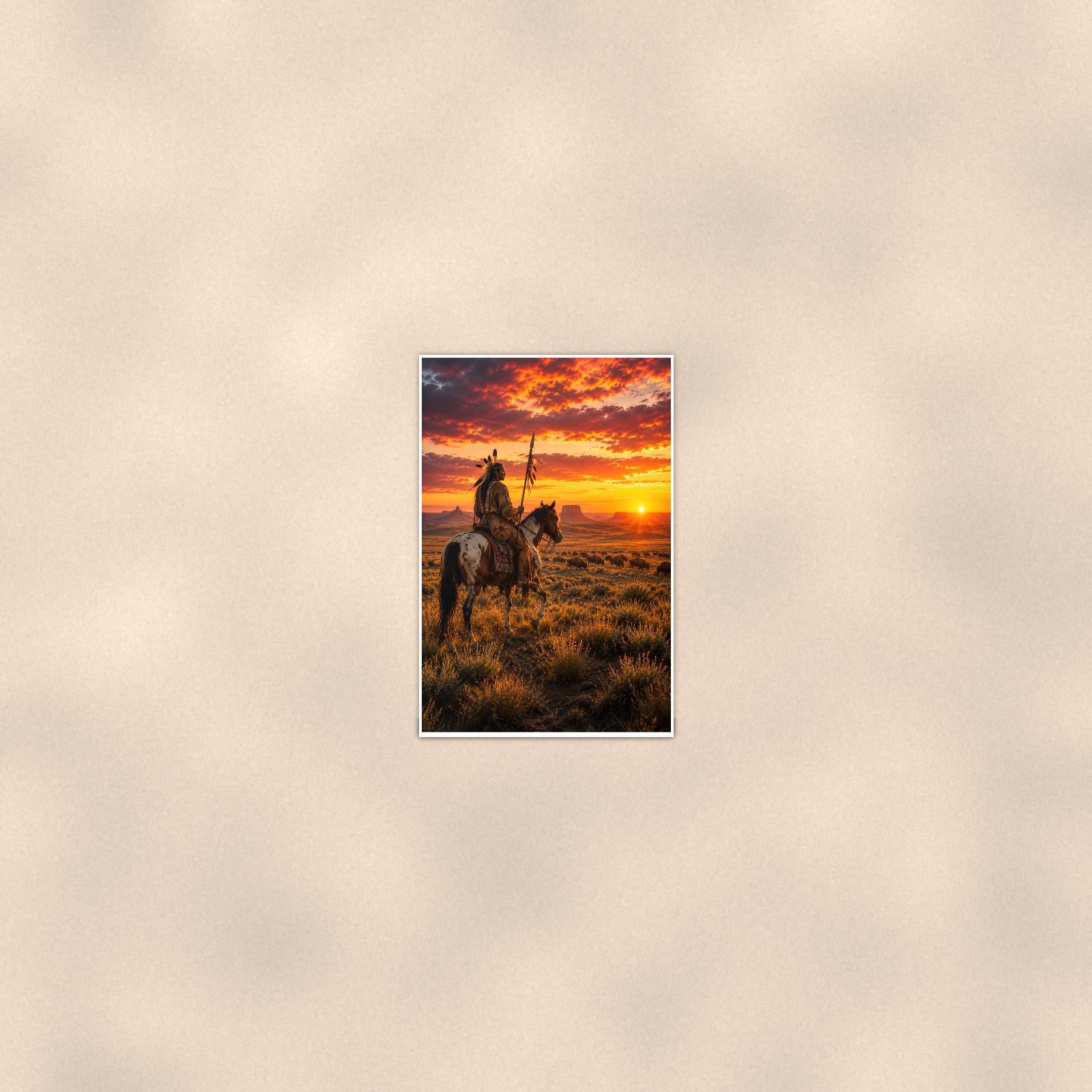 Western Rider Sunset — 24x36 in art print poster, premium luster paper with a white border; poster seen from further back, at true 24x36 in scale on a warm wall.