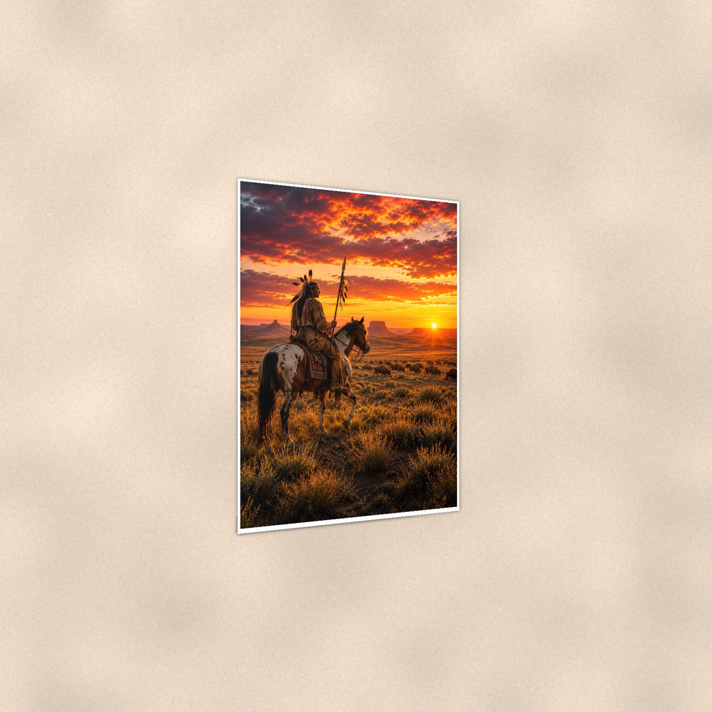 Western Rider Sunset — 24x36 in art print poster, premium luster paper with a white border; gentle three-quarter angle on a warm wall, showing the flat paper edge.