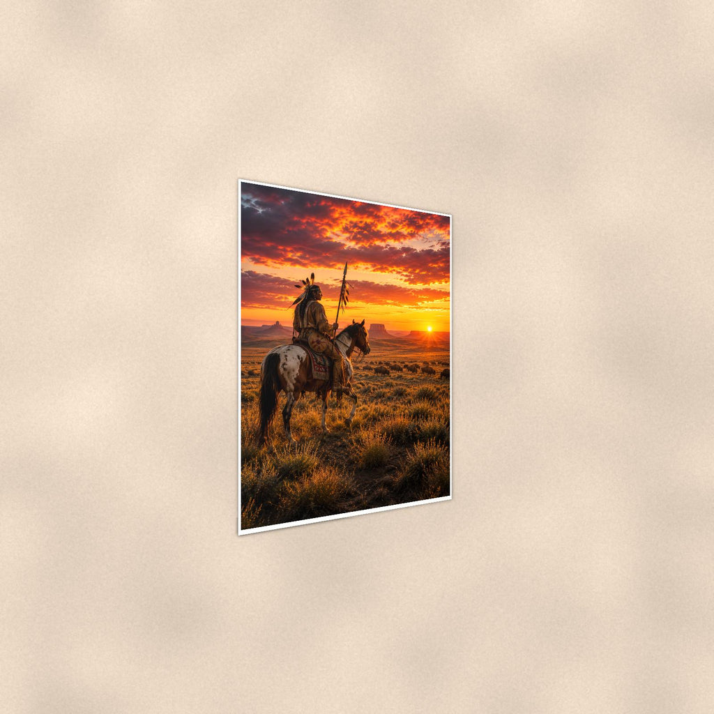 Western Rider Sunset — 24x36 in art print poster, premium luster paper with a white border; steeper three-quarter angle on a warm wall, catching the luster sheen.