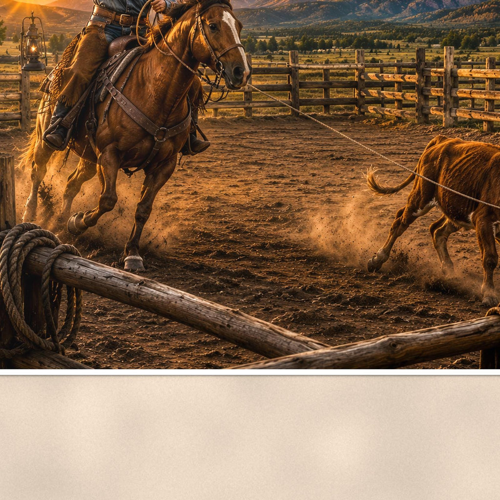 Ranch Rider and Dog — 36x24 in art print poster, premium luster paper with a white border; close-up framed on the main subject of the artwork, paper surface visible.