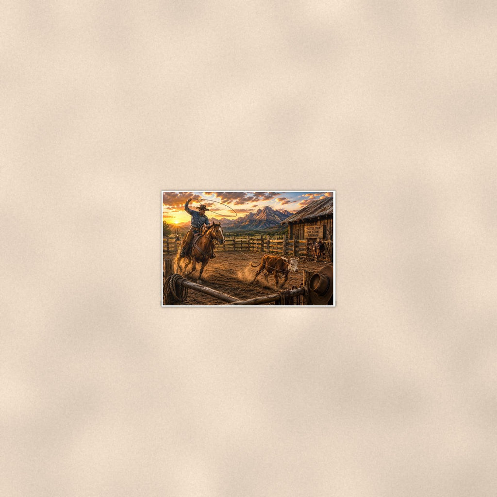 Ranch Rider and Dog — 36x24 in art print poster, premium luster paper with a white border; poster seen from further back, at true 24x36 in scale on a warm wall.