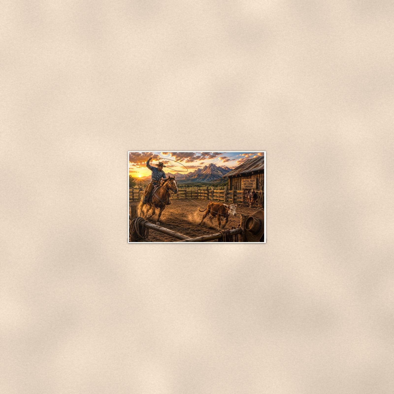 Ranch Rider and Dog — 36x24 in art print poster, premium luster paper with a white border; poster seen from further back, at true 24x36 in scale on a warm wall.