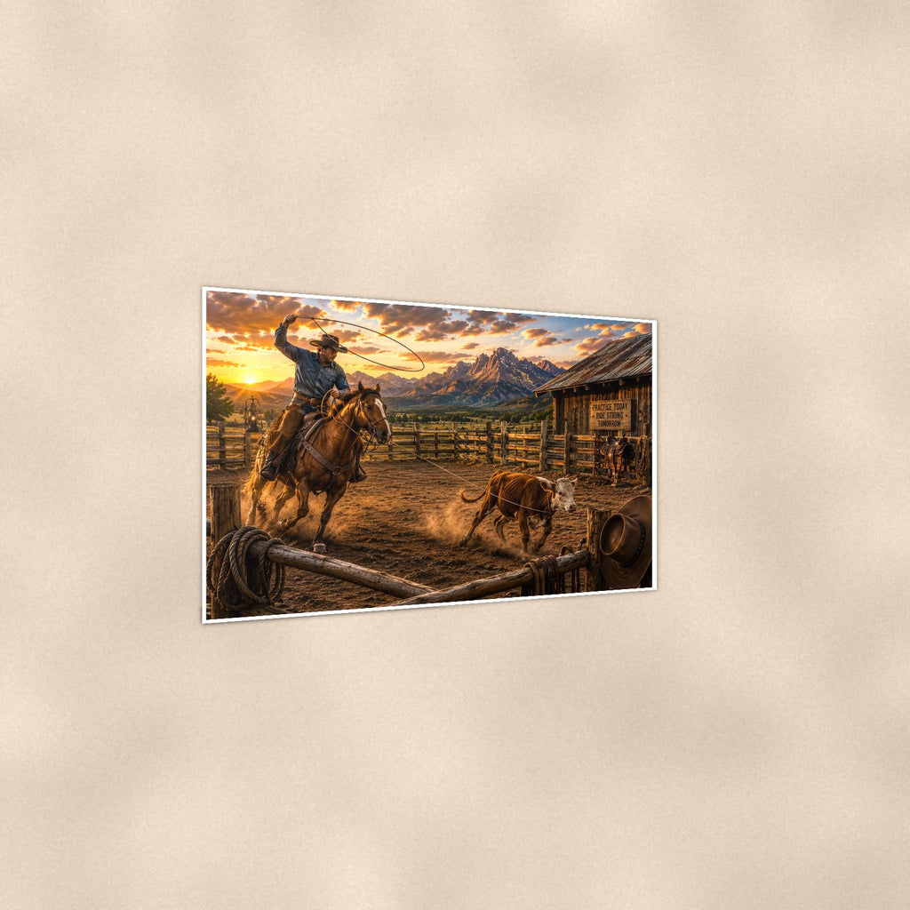 Ranch Rider and Dog — 36x24 in art print poster, premium luster paper with a white border; gentle three-quarter angle on a warm wall, showing the flat paper edge.