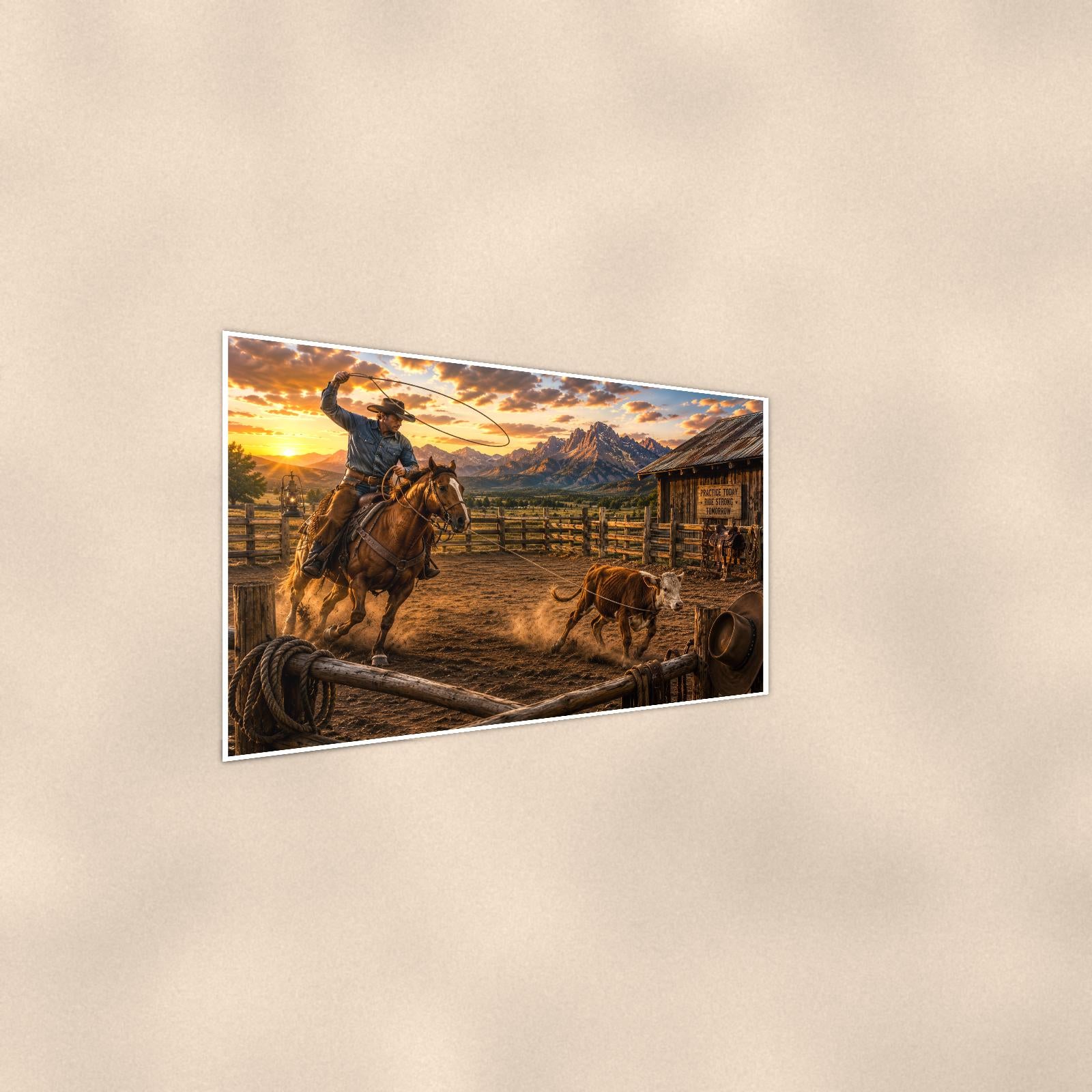 Ranch Rider and Dog — 36x24 in art print poster, premium luster paper with a white border; steeper three-quarter angle on a warm wall, catching the luster sheen.