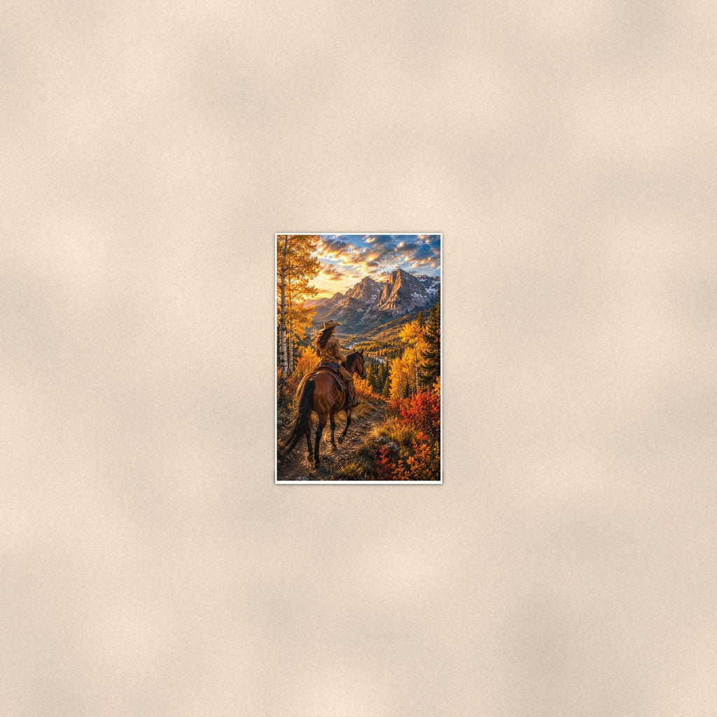 Mountain Rider Overlook — 24x36 in art print poster, premium luster paper with a white border; poster seen from further back, at true 24x36 in scale on a warm wall.