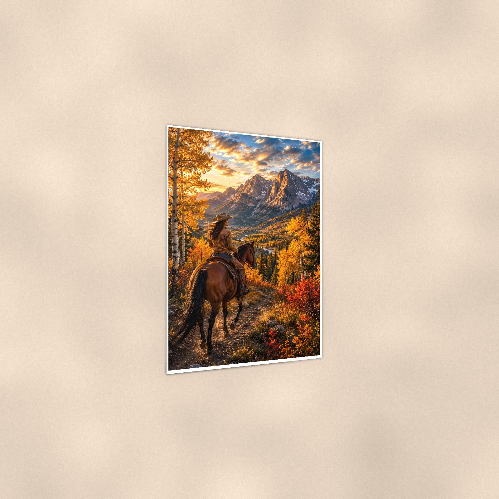 Mountain Rider Overlook — 24x36 in art print poster, premium luster paper with a white border; gentle three-quarter angle on a warm wall, showing the flat paper edge.
