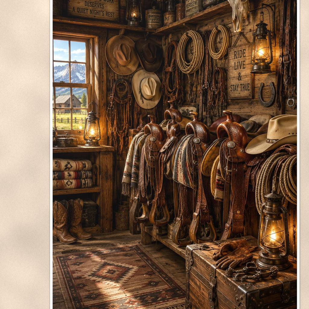 Western Tack Room — 24x36 in art print poster, premium luster paper with a white border; close-up framed on the main subject of the artwork, paper surface visible.