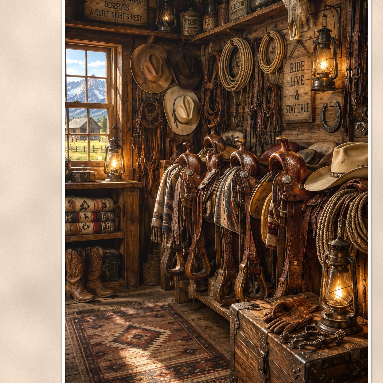 Western Tack Room — 24x36 in art print poster, premium luster paper with a white border; close-up framed on the main subject of the artwork, paper surface visible.