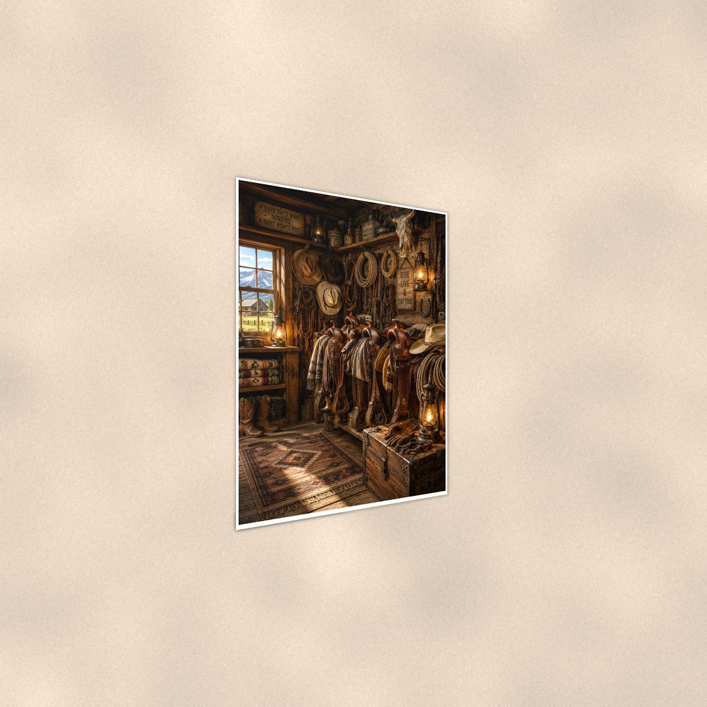 Western Tack Room — 24x36 in art print poster, premium luster paper with a white border; steeper three-quarter angle on a warm wall, catching the luster sheen.