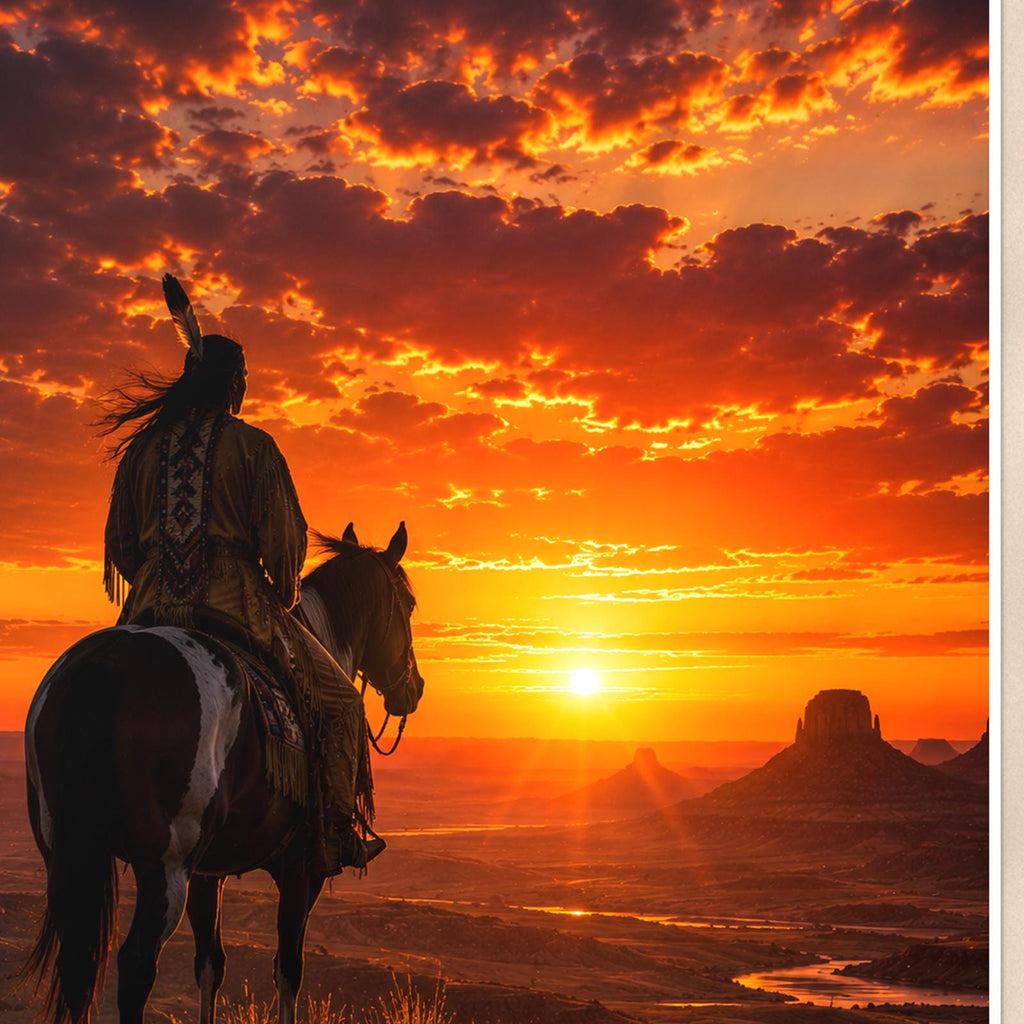 Sunset Cowboy Rider — 24x36 in art print poster, premium luster paper with a white border; close-up framed on the main subject of the artwork, paper surface visible.