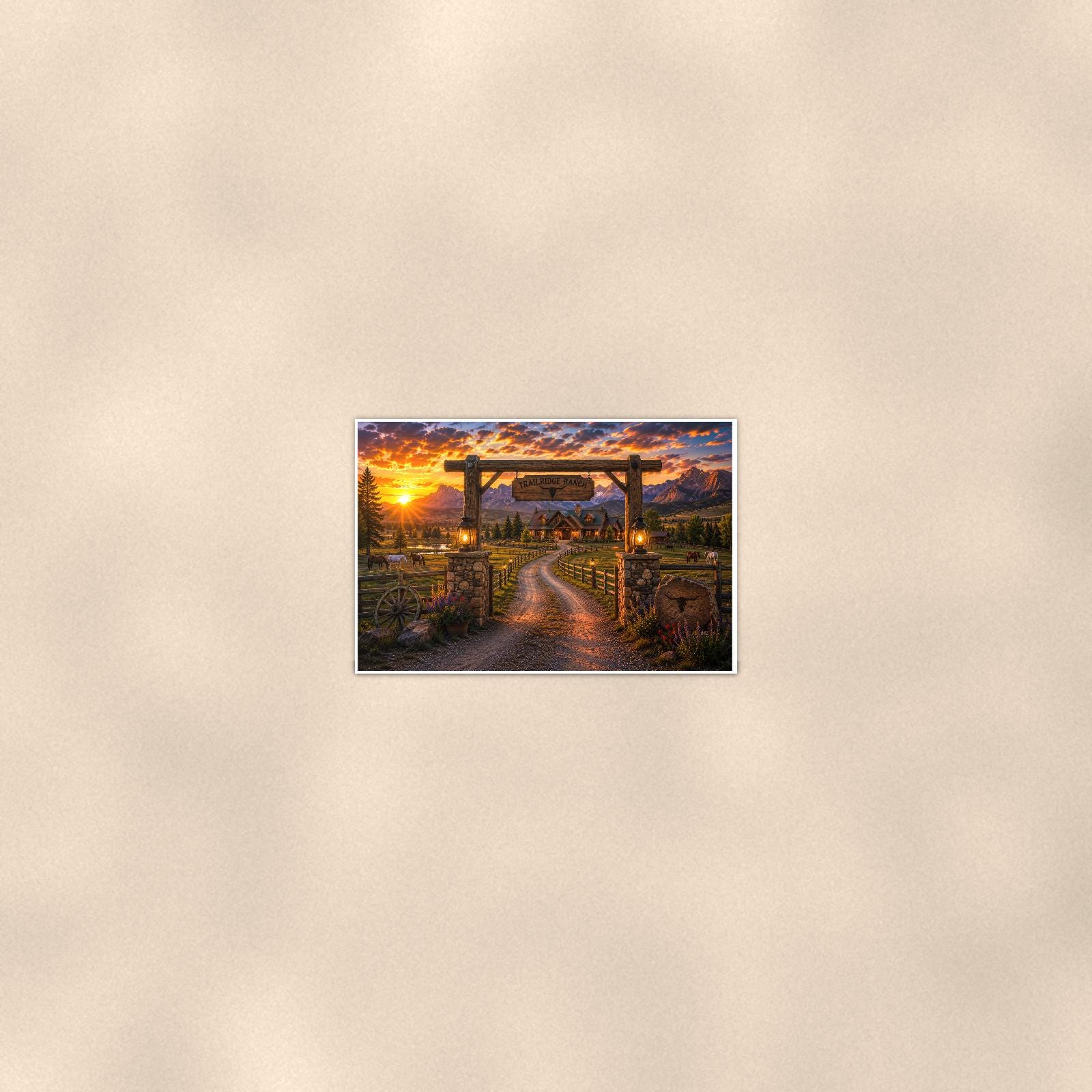 Ranch Gate Sunset — 36x24 in art print poster, premium luster paper with a white border; poster seen from further back, at true 24x36 in scale on a warm wall.