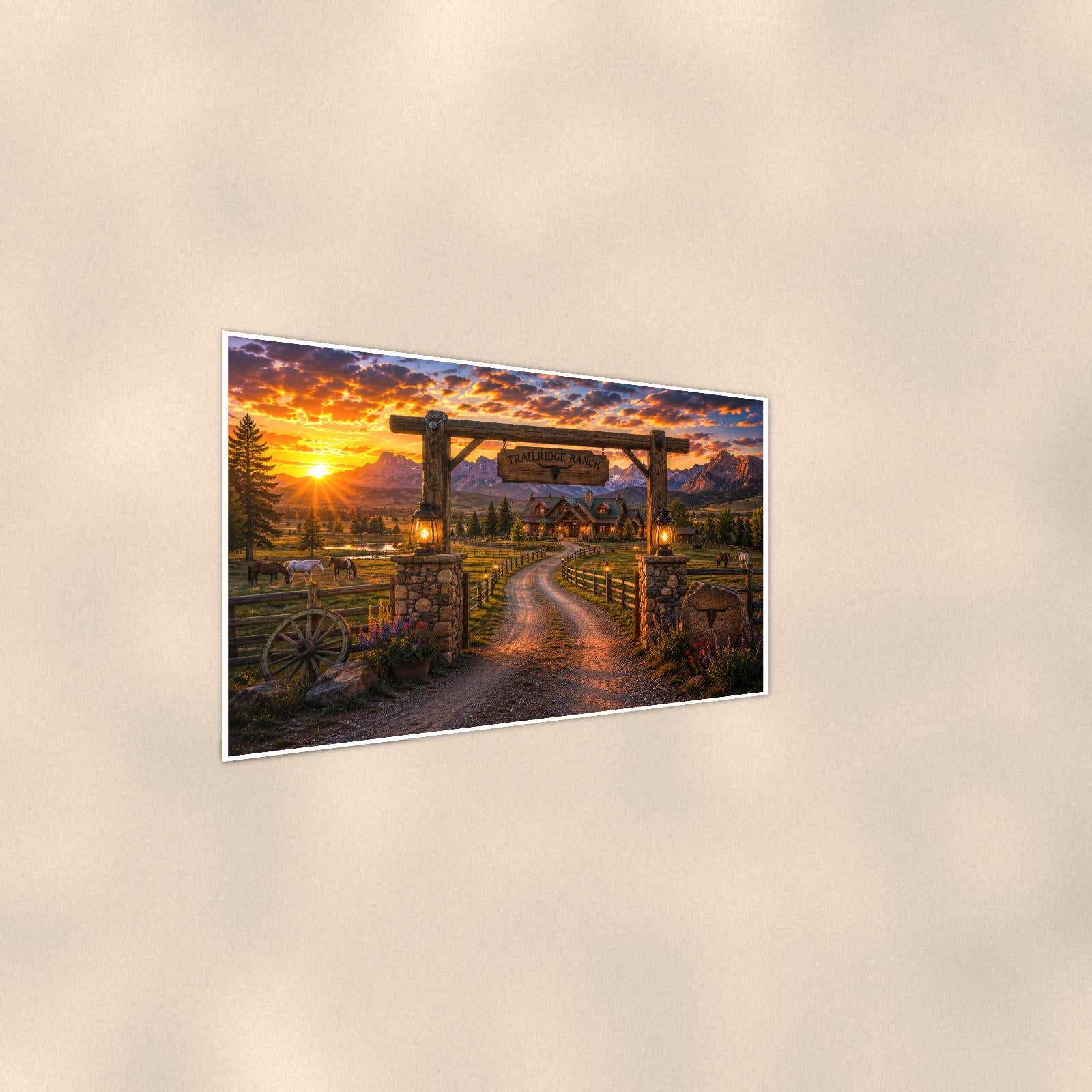 Ranch Gate Sunset — 36x24 in art print poster, premium luster paper with a white border; steeper three-quarter angle on a warm wall, catching the luster sheen.