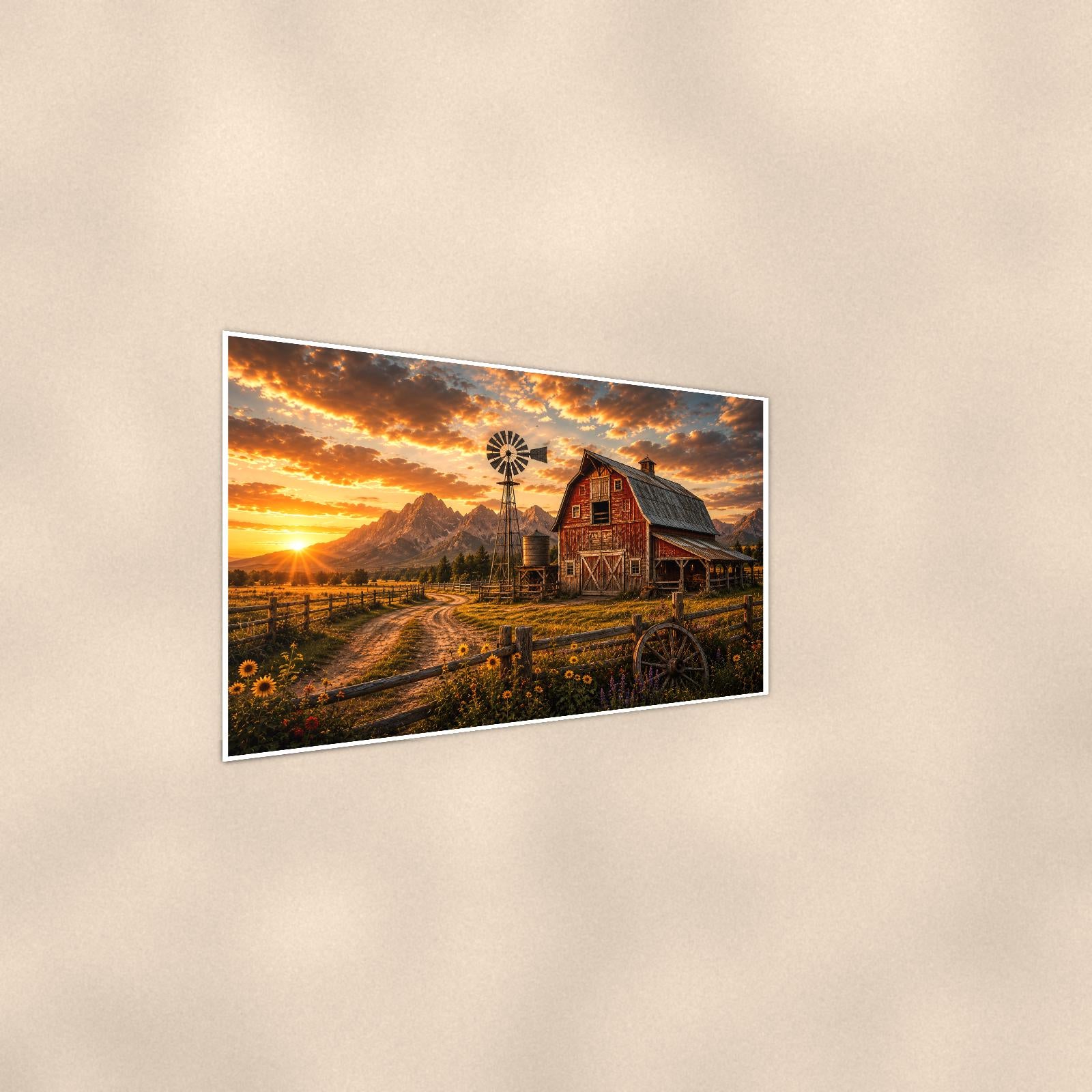 Red Barn Sunset — 36x24 in art print poster, premium luster paper with a white border; steeper three-quarter angle on a warm wall, catching the luster sheen.