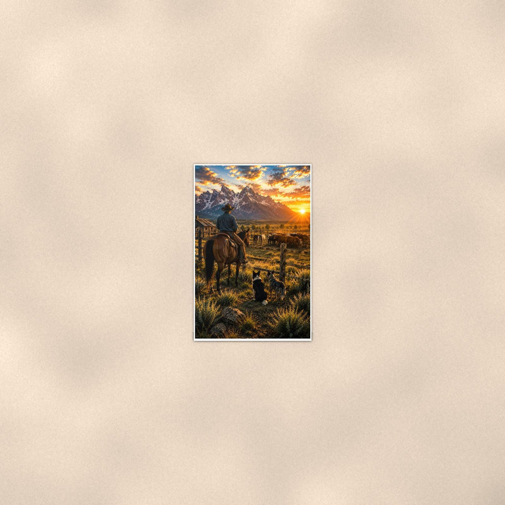 Ranch Rider and Herd — 24x36 in art print poster, premium luster paper with a white border; poster seen from further back, at true 24x36 in scale on a warm wall.