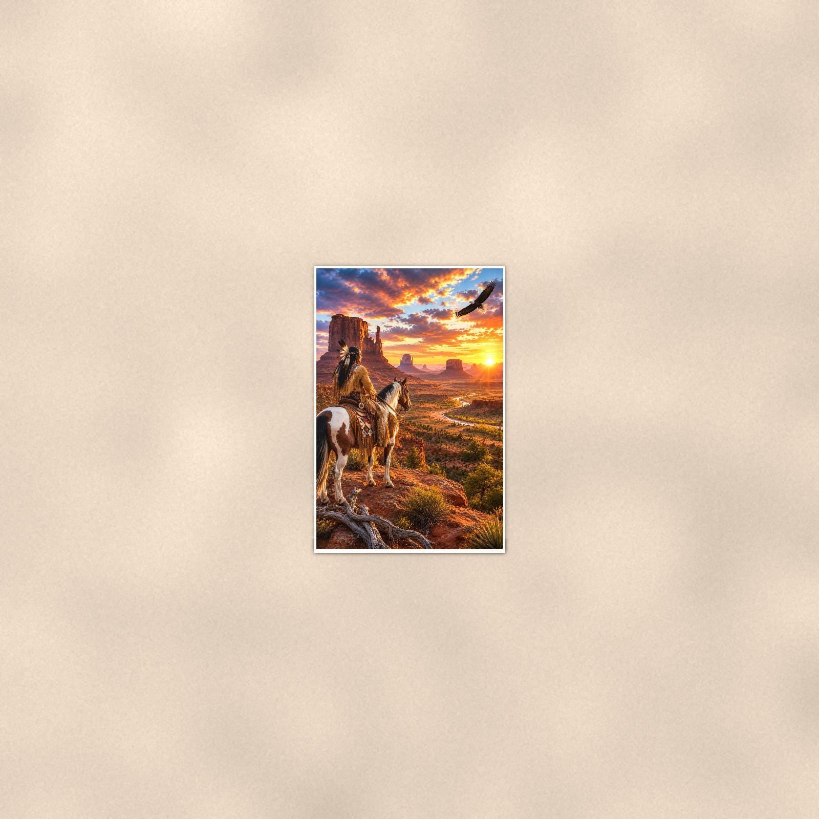 Desert Rider Monument Valley — 24x36 in art print poster, premium luster paper with a white border; poster seen from further back, at true 24x36 in scale on a warm wall.