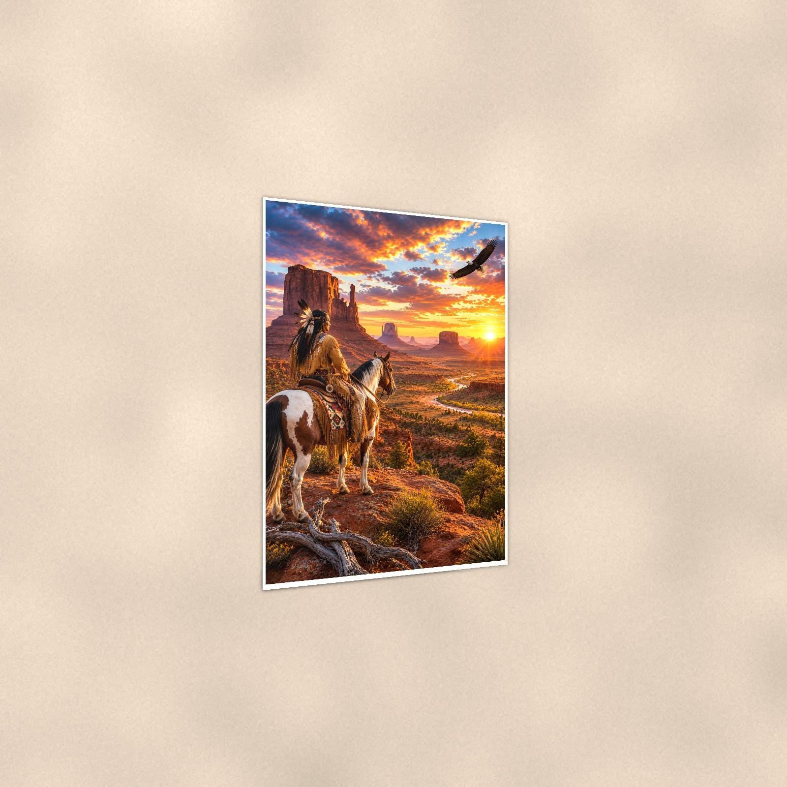 Desert Rider Monument Valley — 24x36 in art print poster, premium luster paper with a white border; gentle three-quarter angle on a warm wall, showing the flat paper edge.