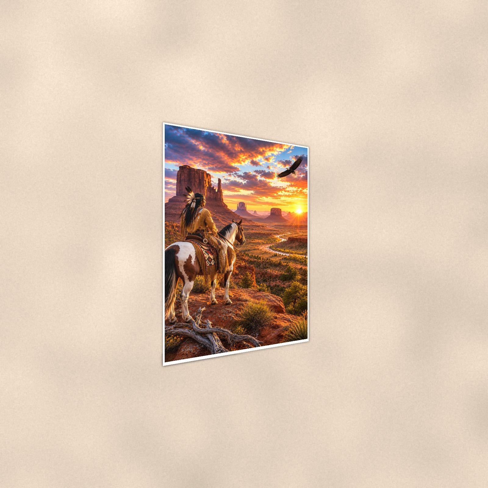 Desert Rider Monument Valley — 24x36 in art print poster, premium luster paper with a white border; steeper three-quarter angle on a warm wall, catching the luster sheen.