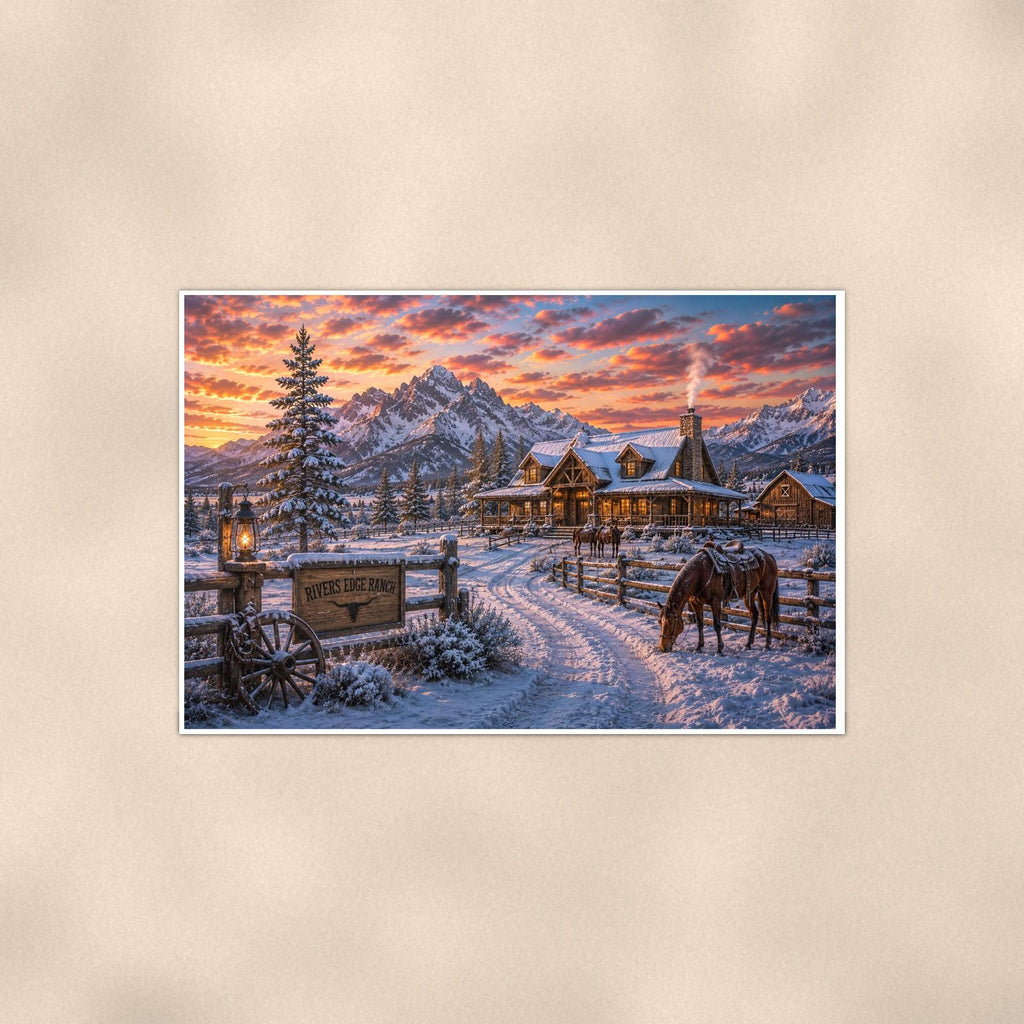 Snowy Ranch Homestead — 36x24 in art print poster, premium luster paper with a white border; poster shown straight on against a warm wall.