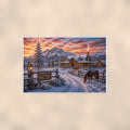 Snowy Ranch Homestead — 36x24 in art print poster, premium luster paper with a white border; poster shown straight on against a warm wall.
