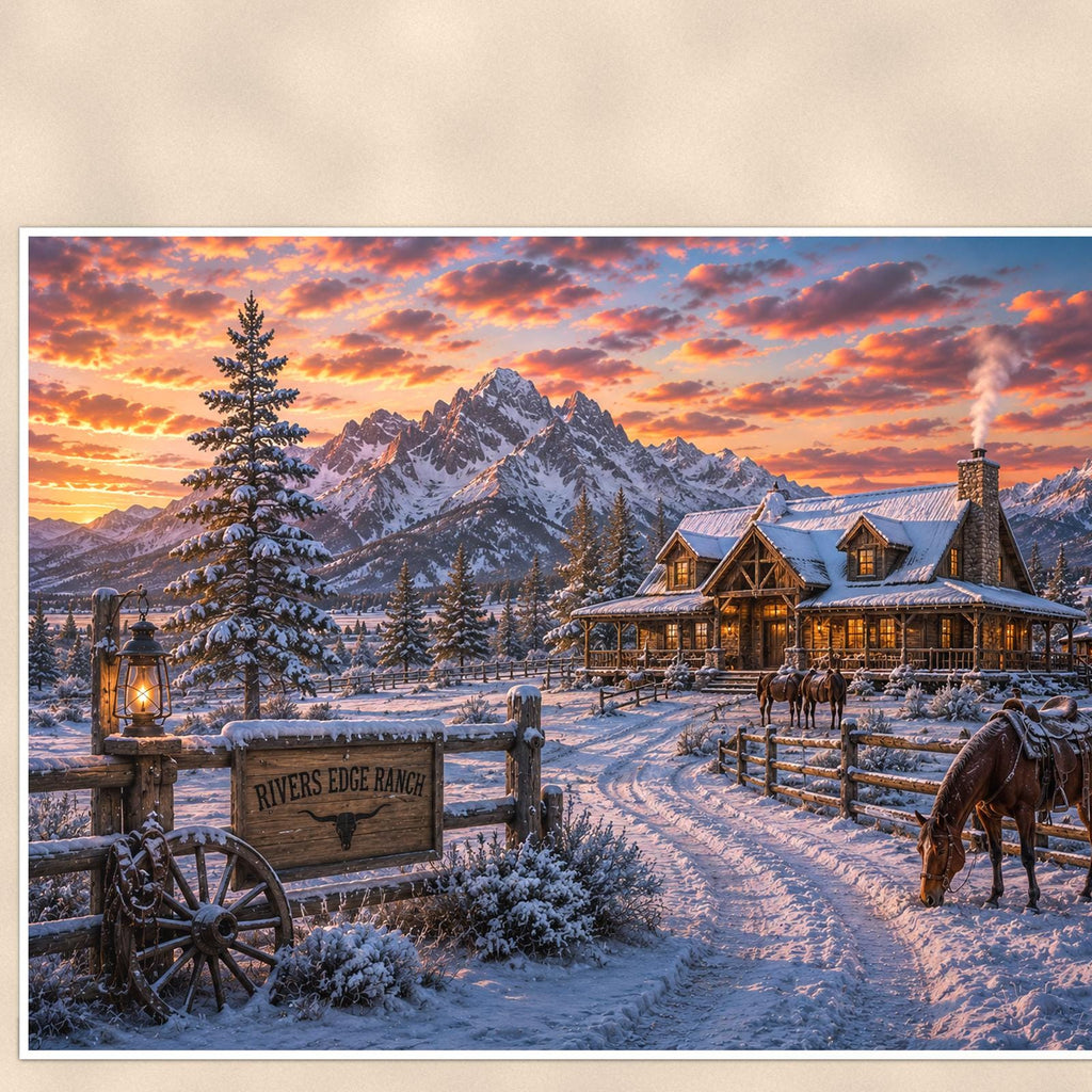 Snowy Ranch Homestead — 36x24 in art print poster, premium luster paper with a white border; close-up framed on the main subject of the artwork, paper surface visible.