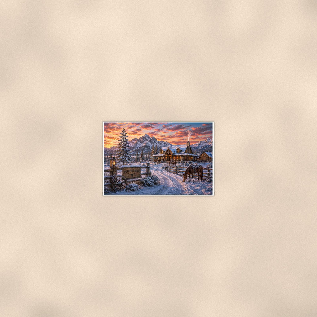 Snowy Ranch Homestead — 36x24 in art print poster, premium luster paper with a white border; poster seen from further back, at true 24x36 in scale on a warm wall.