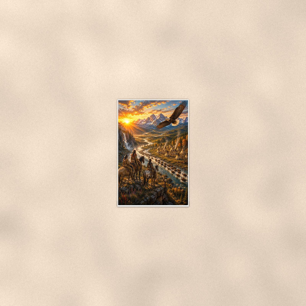 Canyon Riders Eagle — 24x36 in art print poster, premium luster paper with a white border; poster seen from further back, at true 24x36 in scale on a warm wall.