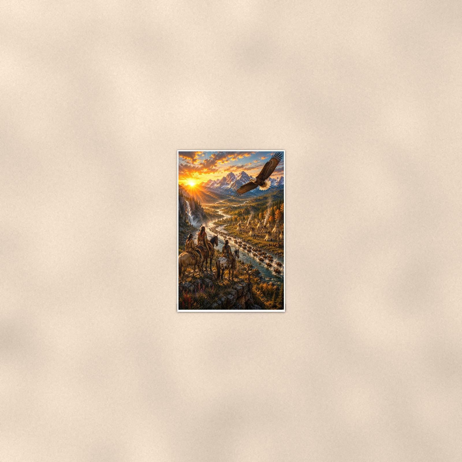 Canyon Riders Eagle — 24x36 in art print poster, premium luster paper with a white border; poster seen from further back, at true 24x36 in scale on a warm wall.