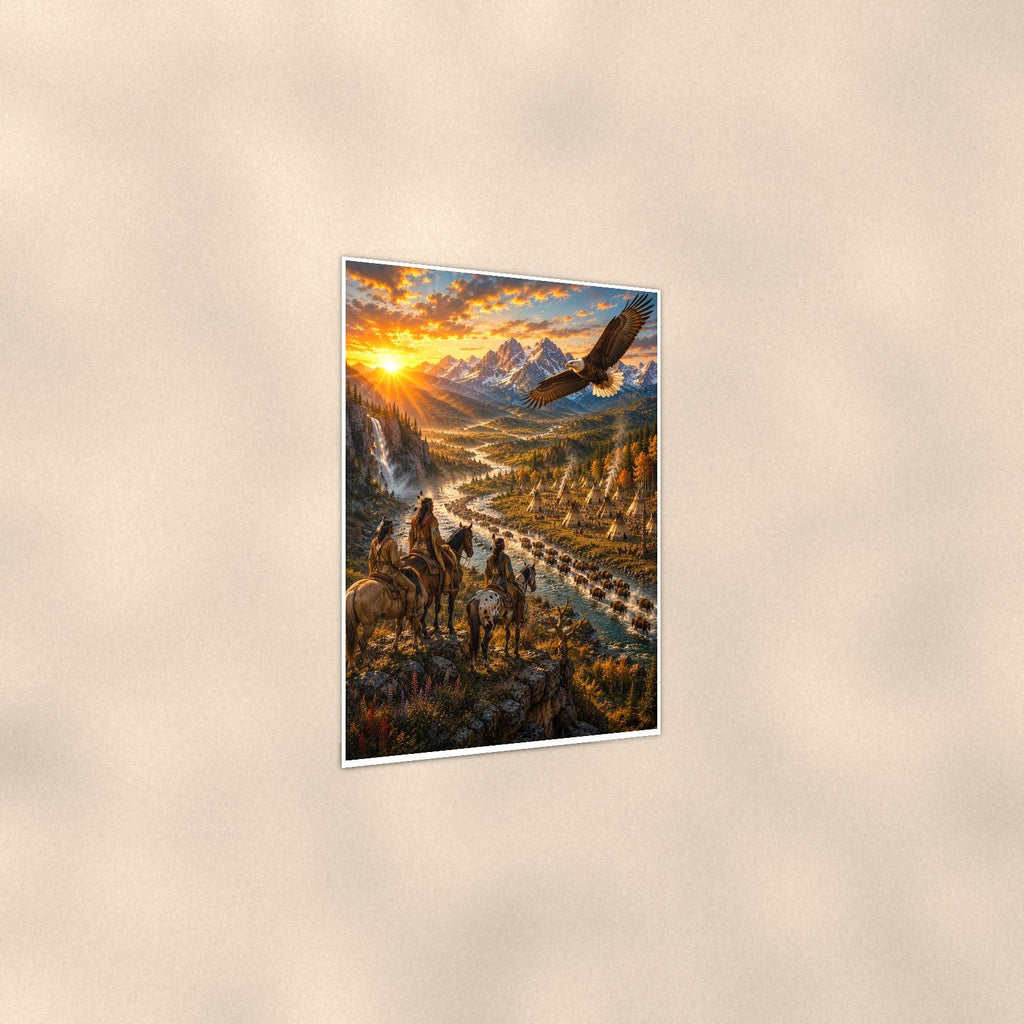 Canyon Riders Eagle — 24x36 in art print poster, premium luster paper with a white border; gentle three-quarter angle on a warm wall, showing the flat paper edge.