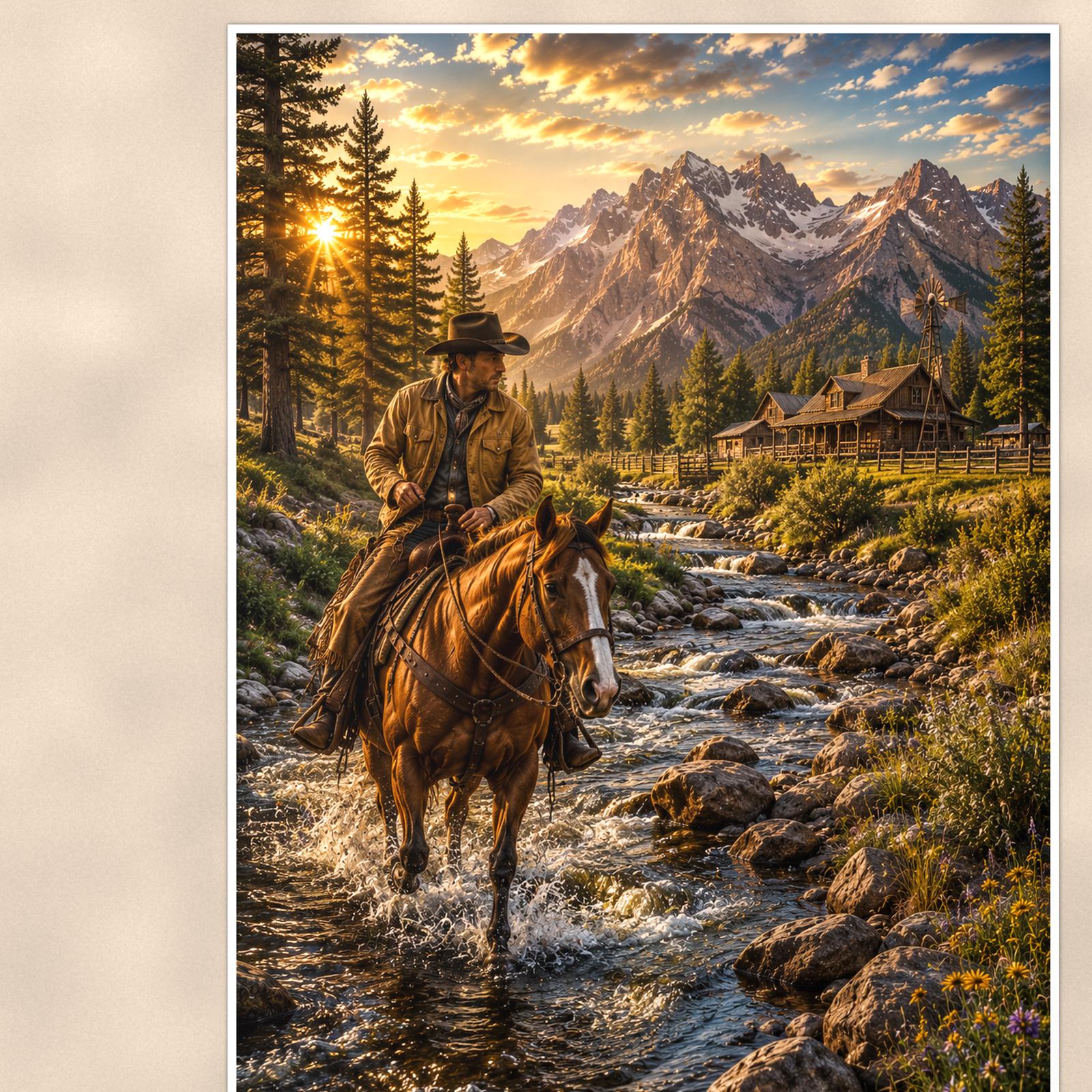 Mountain Rider Stream — 24x36 in art print poster, premium luster paper with a white border; close-up framed on the main subject of the artwork, paper surface visible.