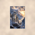 Snow Leopard Peaks — 24x36 in art print poster, premium luster paper with a white border; poster shown straight on against a warm wall.