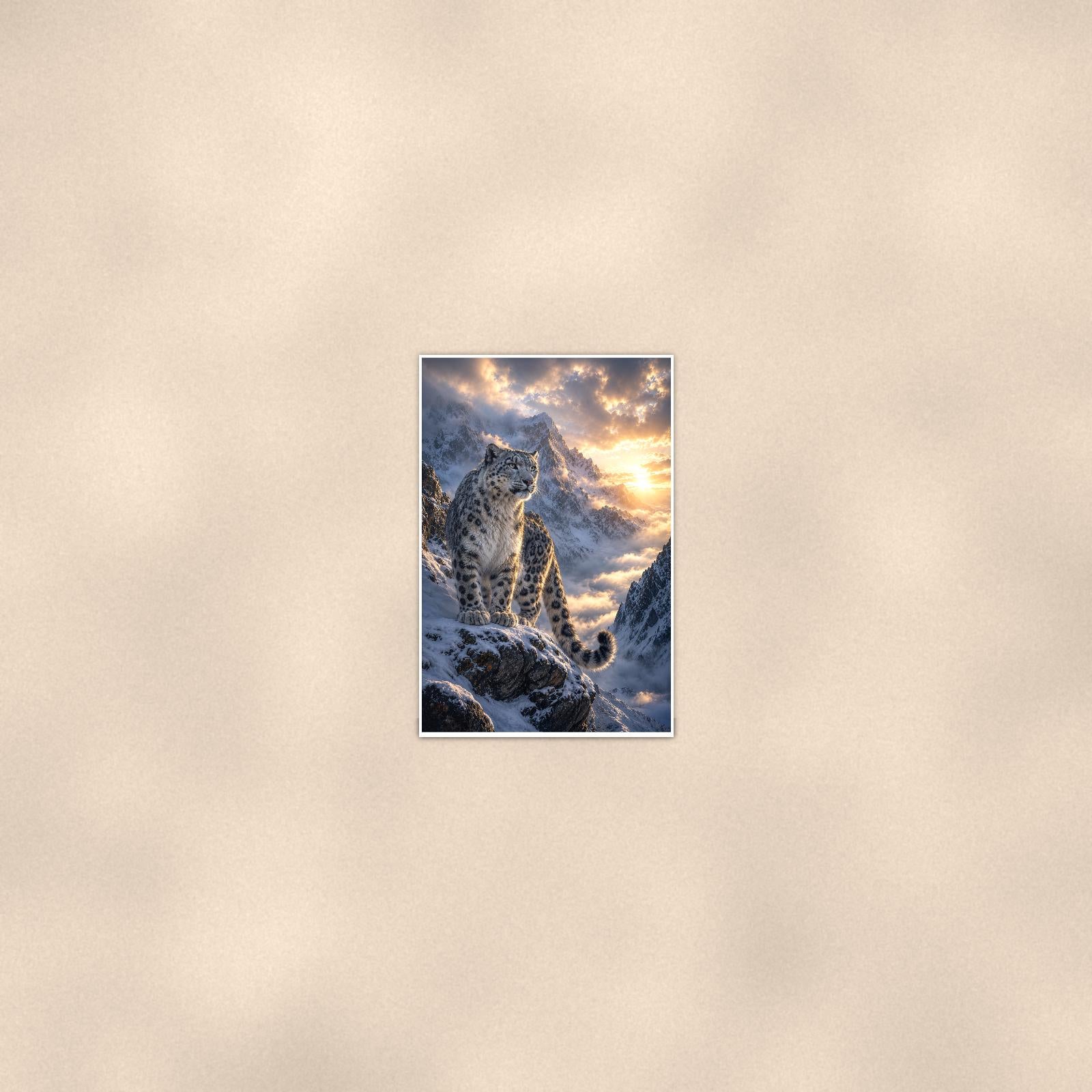 Snow Leopard Peaks — 24x36 in art print poster, premium luster paper with a white border; poster seen from further back, at true 24x36 in scale on a warm wall.