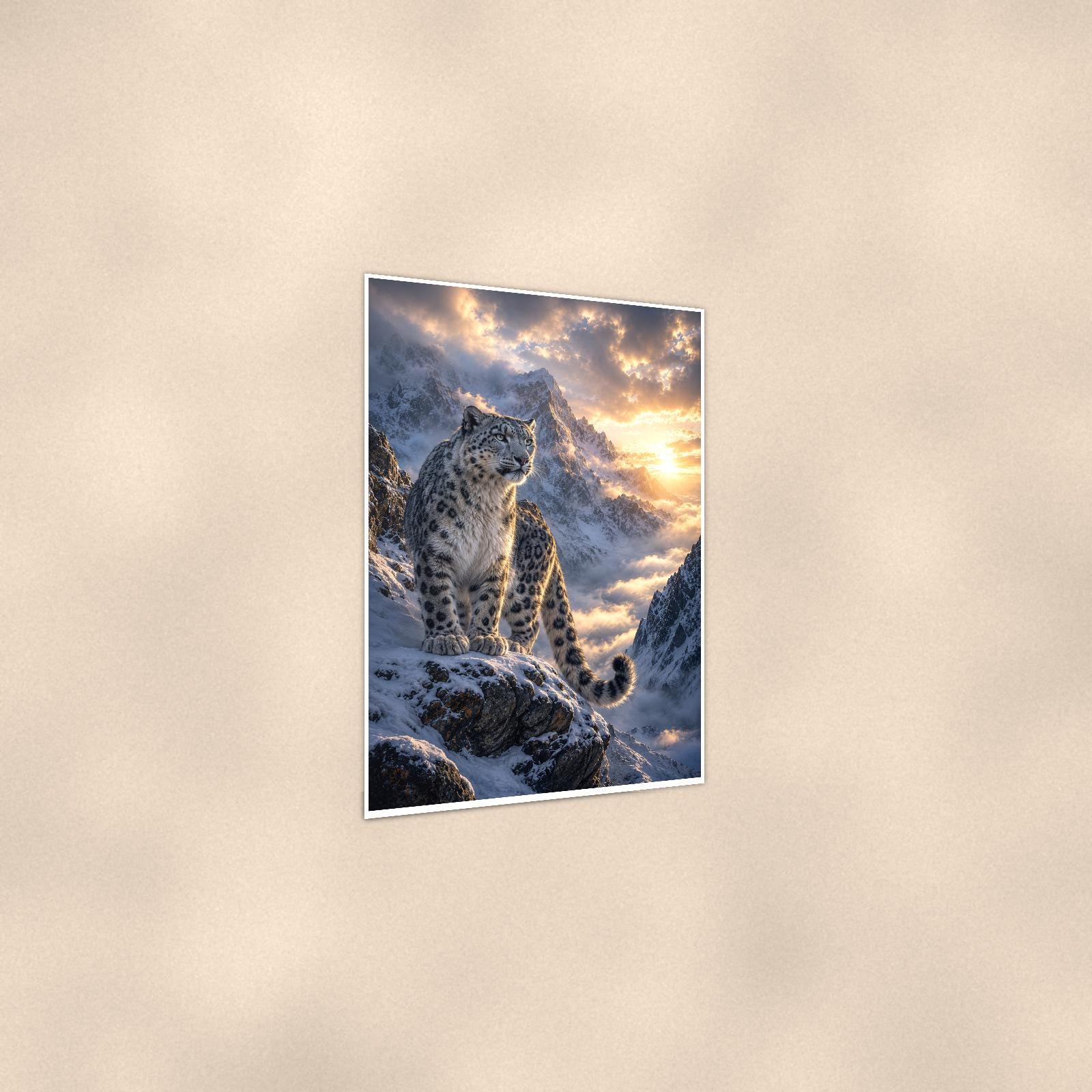 Snow Leopard Peaks — 24x36 in art print poster, premium luster paper with a white border; gentle three-quarter angle on a warm wall, showing the flat paper edge.