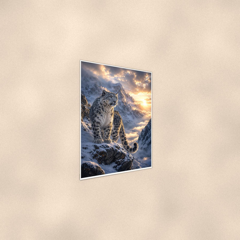 Snow Leopard Peaks — 24x36 in art print poster, premium luster paper with a white border; steeper three-quarter angle on a warm wall, catching the luster sheen.