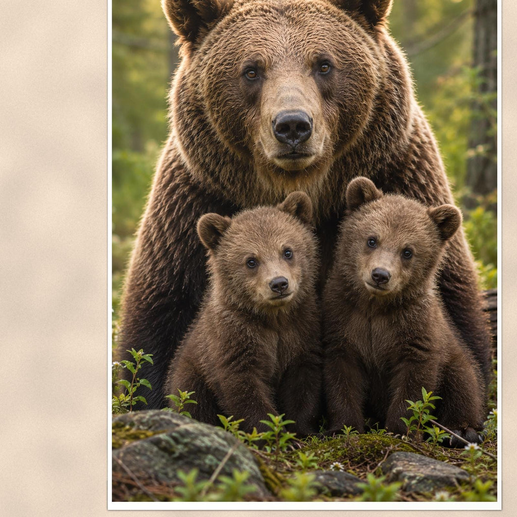 Mama Bear and Cubs — 24x36 in art print poster, premium luster paper with a white border; close-up framed on the main subject of the artwork, paper surface visible.