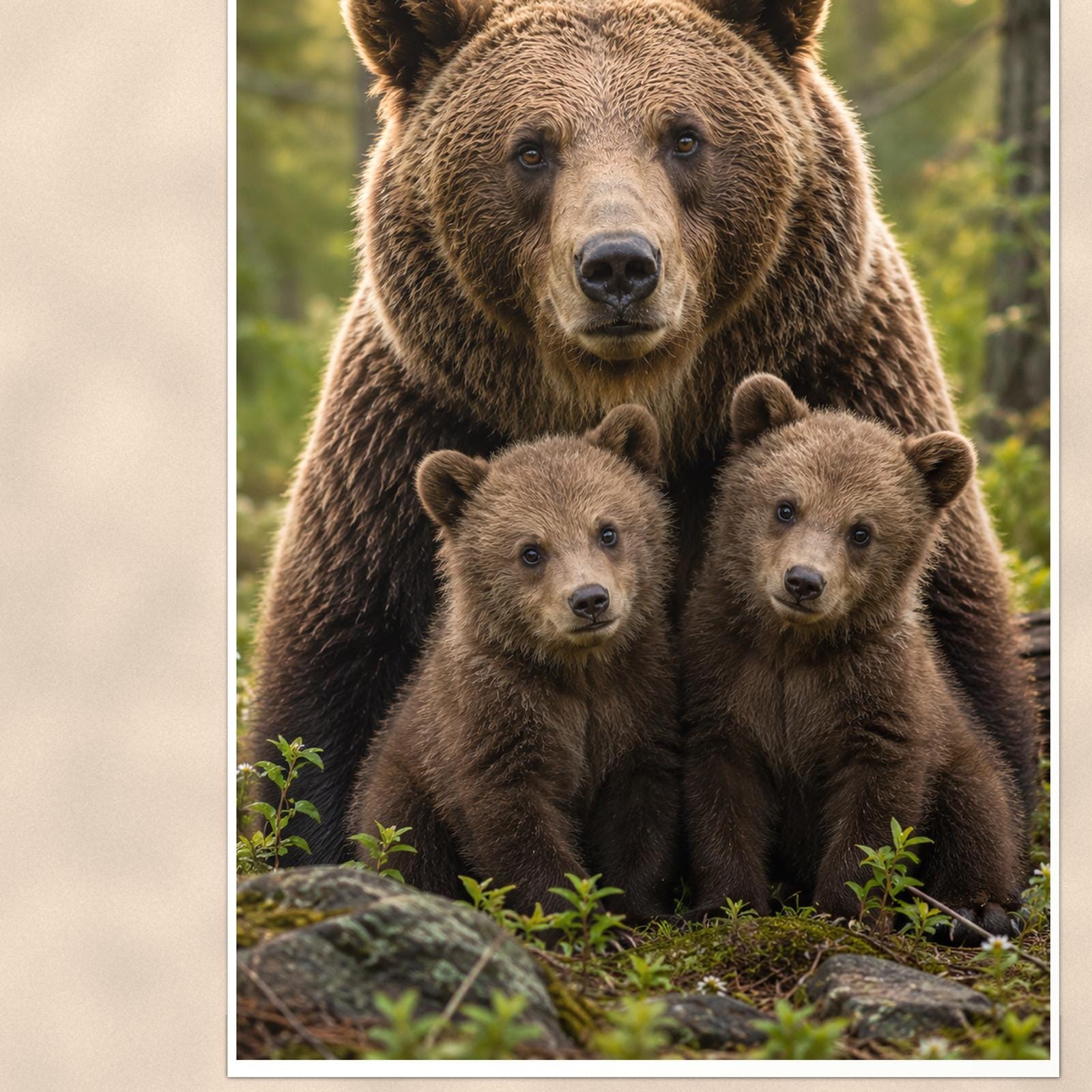 Mama Bear and Cubs — 24x36 in art print poster, premium luster paper with a white border; close-up framed on the main subject of the artwork, paper surface visible.