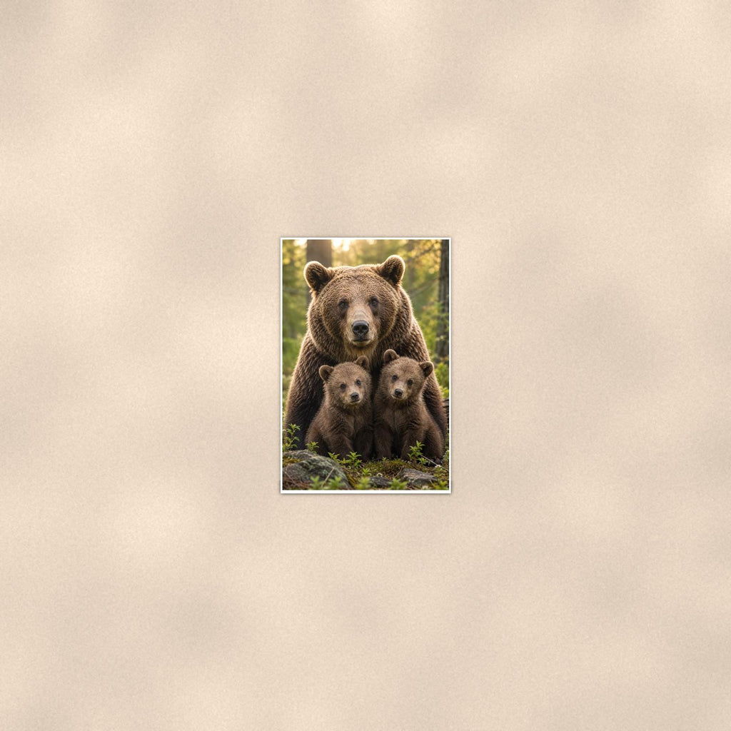 Mama Bear and Cubs — 24x36 in art print poster, premium luster paper with a white border; poster seen from further back, at true 24x36 in scale on a warm wall.