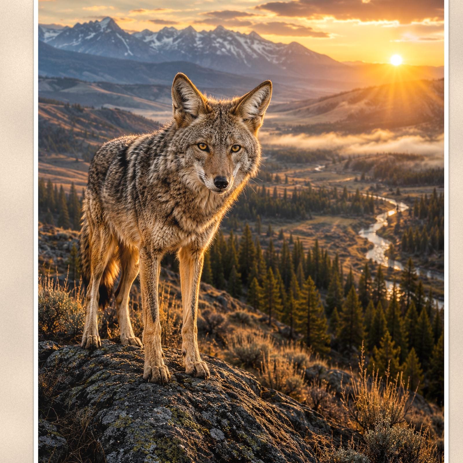 Coyote Ridge Sunset — 24x36 in art print poster, premium luster paper with a white border; close-up framed on the main subject of the artwork, paper surface visible.