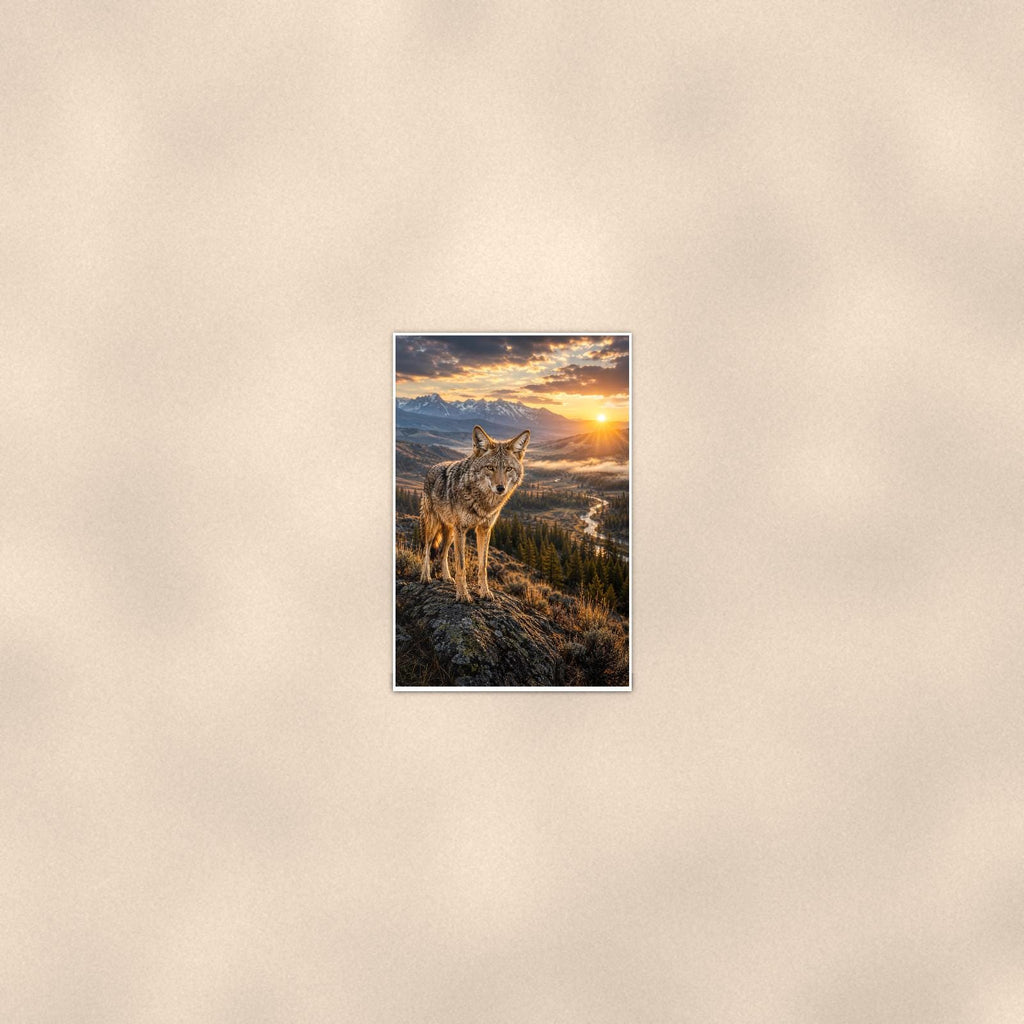 Coyote Ridge Sunset — 24x36 in art print poster, premium luster paper with a white border; poster seen from further back, at true 24x36 in scale on a warm wall.