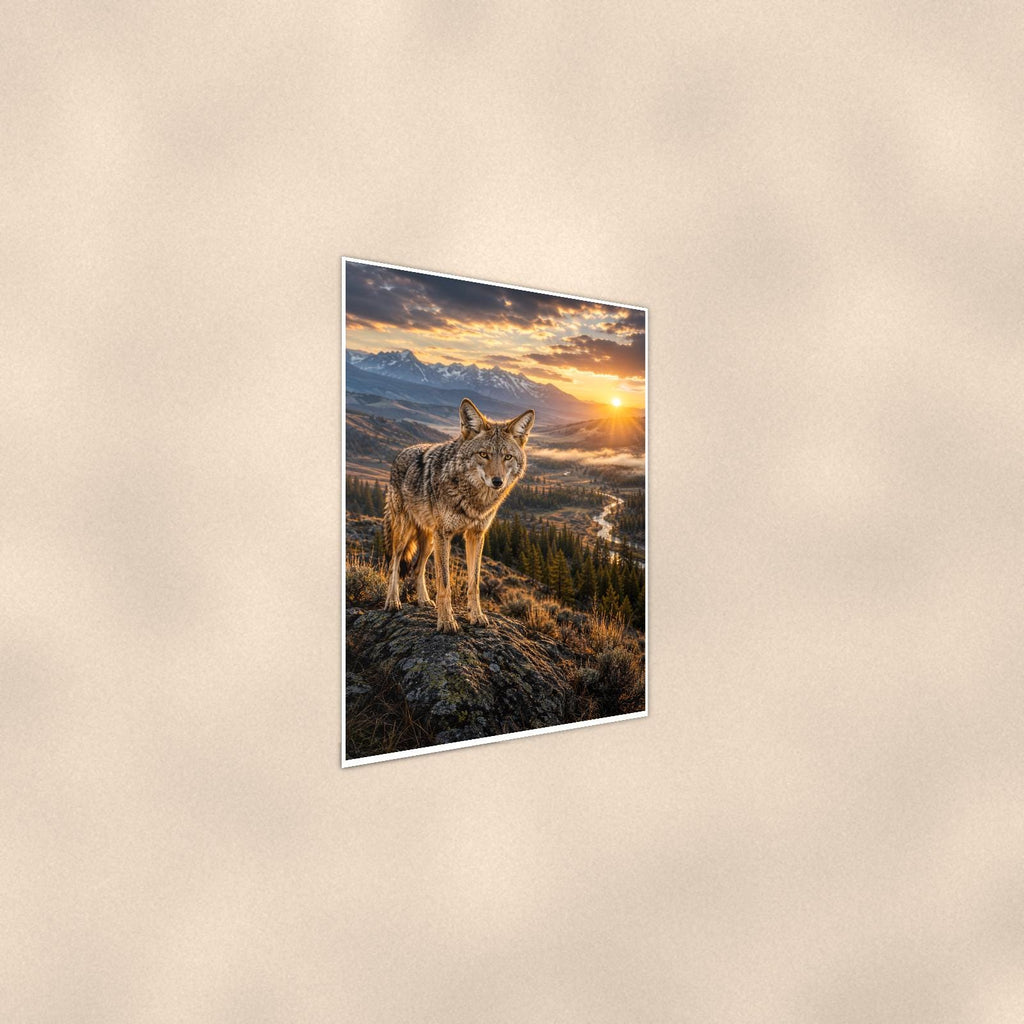 Coyote Ridge Sunset — 24x36 in art print poster, premium luster paper with a white border; steeper three-quarter angle on a warm wall, catching the luster sheen.