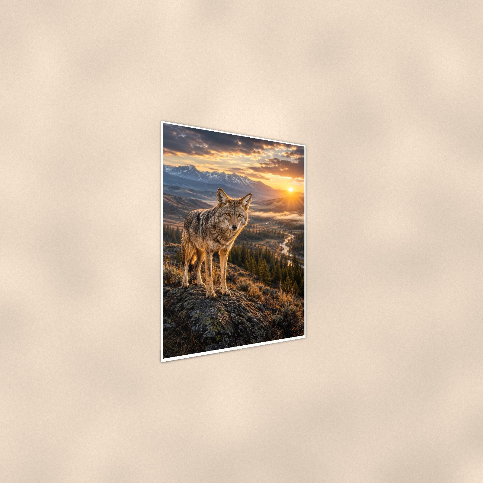 Coyote Ridge Sunset — 24x36 in art print poster, premium luster paper with a white border; steeper three-quarter angle on a warm wall, catching the luster sheen.